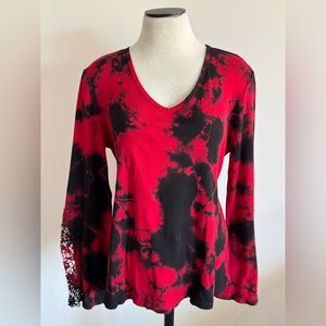 THE PYRAMID COLLECTION Red & Black Tie Dye Long Sleeve Crochet Top XL NWOT